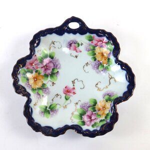 Antique Nippon Cobalt Blue Porcelain Dish Hand-Painted Flowers & Gold Wall Decor